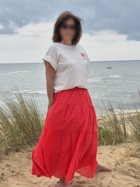 Jupe longue rouge en voile de coton