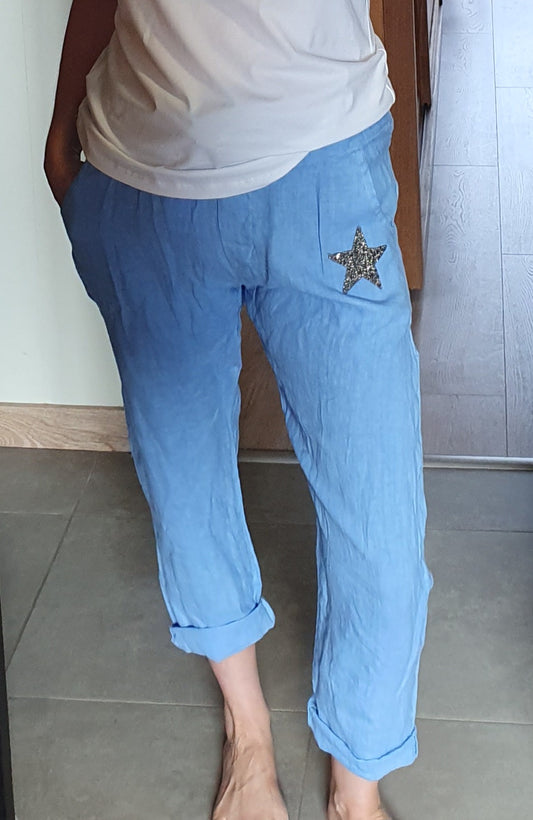 Pantalon lin bleu ciel