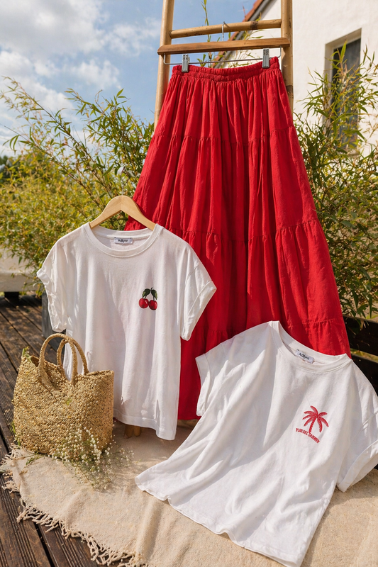 Jupe longue rouge en voile de coton