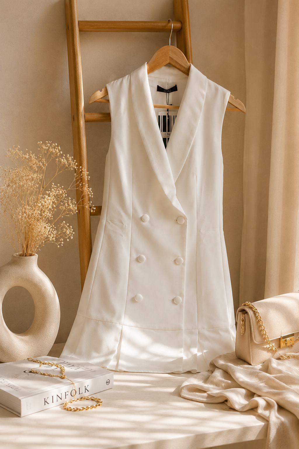 Robe blazer blanche plissée sans manches